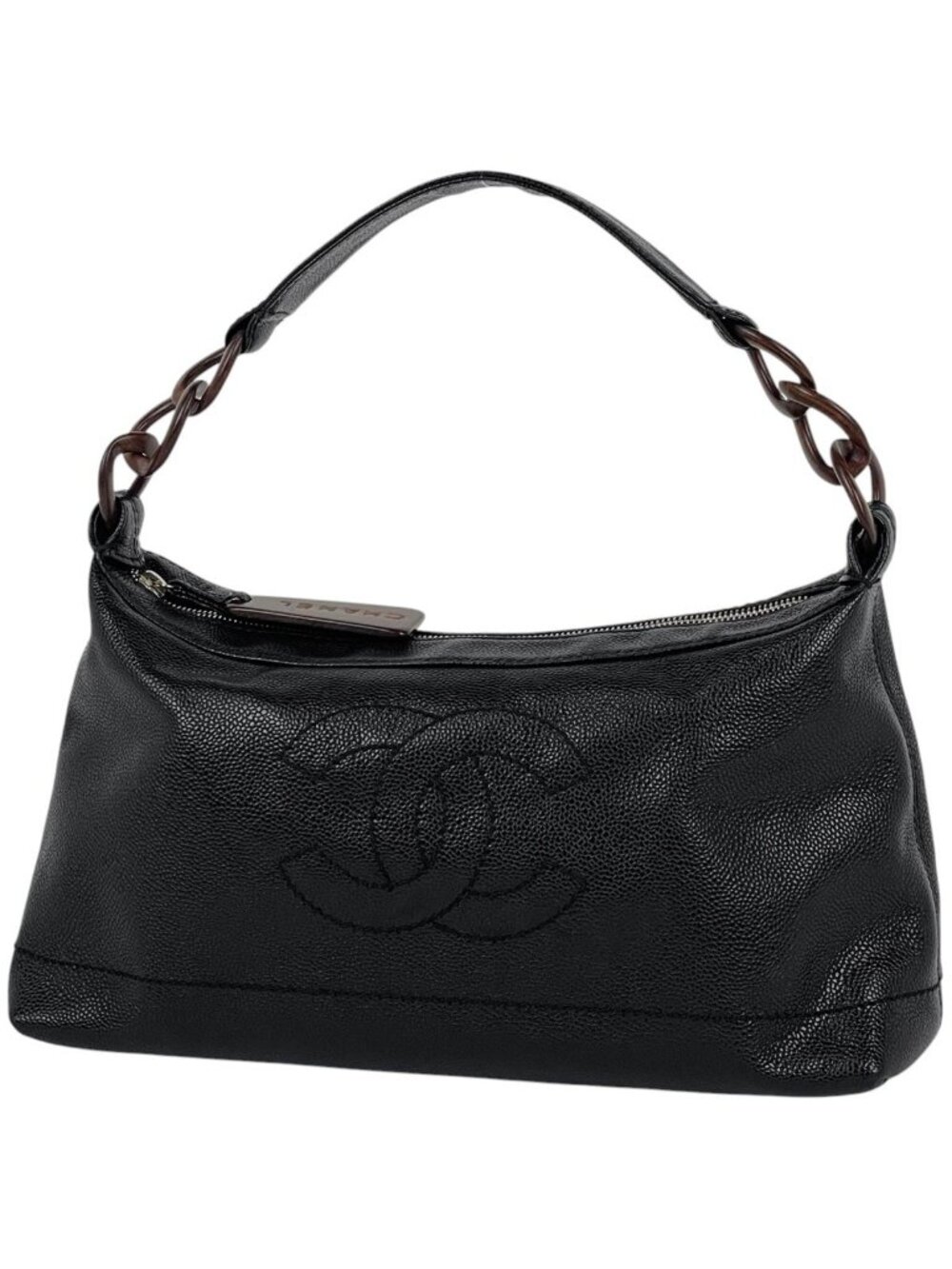 Chanel Shoulder Bag CC Logo Wood Chain Caviar Leather Black